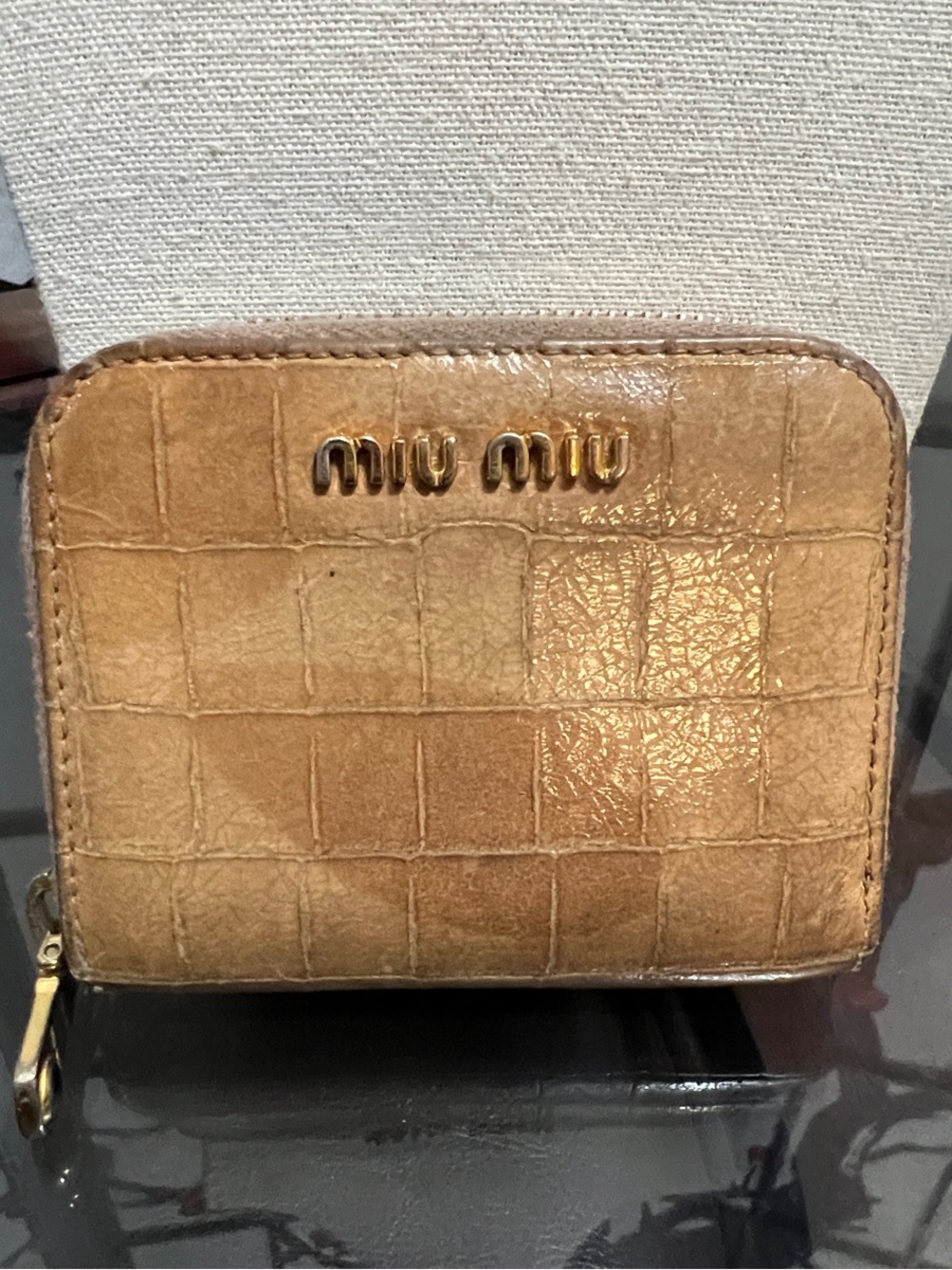 Miu Miu Croc-Embossed Tan Leather Zip Wallet with Gold Logo
